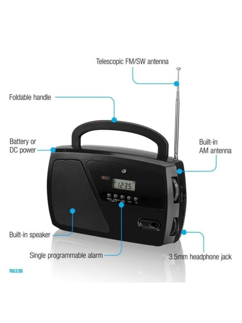 GPX, Inc. R633B Portable Shortwave AM/FM Clock Radio (Black) Brand New